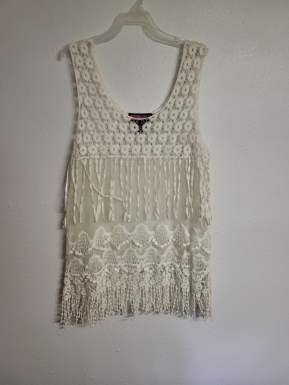 Say What Sheer Off White Cream Tank Top With Fringe And Lace Vintage 90s Y2K